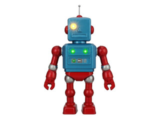 Retro tin toy robot with blue body red limbs and glowing lights isolated on a transparent background