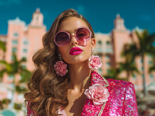 Fashion portrait of a woman in pink sunglasses and a sparkling outfit posing in front of an elegant historic building.