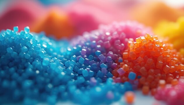 Close up view of vibrant colorful polymer granules. Bright blue, purple, orange, pink, yellow plastic pellets raw material for many products. Tiny bits vital for modern industrial production,