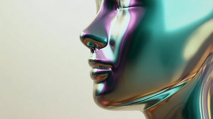 Futuristic iridescent sculpture of a person's head in profile view, smooth liquid metallic surface