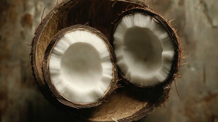 A top view of a halved coconut showcasing its white flesh and brown shell.