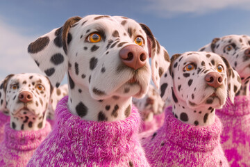 Cute dogs wearing pink sweaters standing together under a bright blue sky.