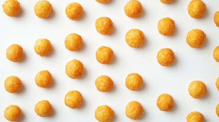 A top-down view of evenly spaced, golden-brown, crispy balls on a white background