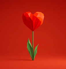 Red geometric heart-shaped flower with green leaves on a minimal red background.