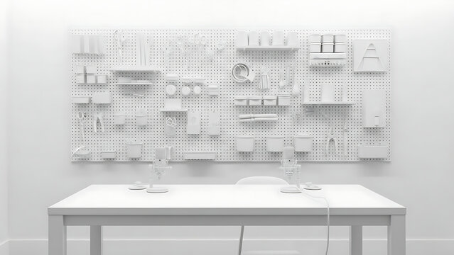 White table with various objects on a white pegboard wall.
