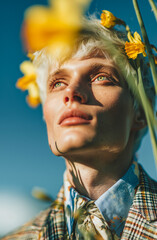 Portrait of a young man holding yellow flowers against a blue sky in a stylish patterned jacket.