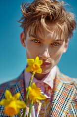 Portrait of a young man holding yellow flowers against a blue sky in a stylish patterned jacket.