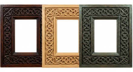 Three ornate wooden frames with celtic carvings in mahogany, maple and bronze finishes on a white background with copy space. Concept of traditional craftsmanship