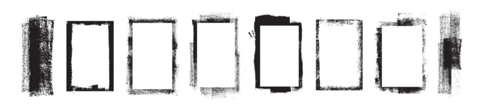 Grunge-style overlay frames, vintage craft textures, paint splatter frames, and roller stamps. Artistic creative design elements. Vector illustration.