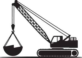 Construction site silhouette illustration heavy duty lifting crawler crane machine equipped with clamshell bucket used for dredging and excavation work equipment graphic icon design element vector