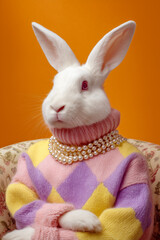 Surreal portrait of a rabbit wearing elegant clothes and holding a handbag against a yellow background.