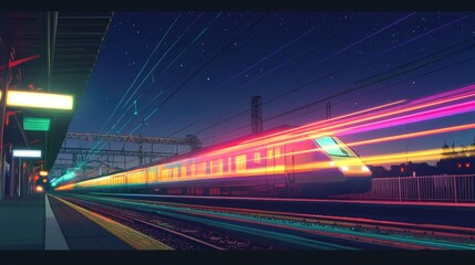 A train departs from a brightly lit station platform on a clear night with colorful lights streaking through the scene