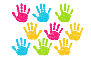 Group of vibrant handprints in various colors, symbolizing diversity, inclusion, and teamwork. Concept of childhood, art, and education
