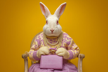 Surreal portrait of a rabbit wearing elegant clothes and holding a handbag against a yellow background.