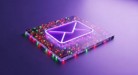 Digital envelope icon on electronic circuit board, glowing with neon purple light, represents communication, connection, or modern technology transfer