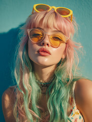 Fashion portrait of a woman with pastel pink and green hair wearing yellow sunglasses.
