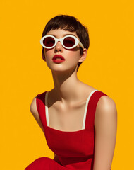 Fashion portrait of a woman with short hair wearing white sunglasses and a red top against a yellow background.