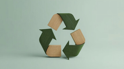 Handcrafted Wooden Recycle Symbol with Fresh Green Leaves