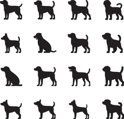 Obraz premium Various dog breeds silhouettes in different poses on a transparent background, ideal for pet care branding, animal-themed designs, and veterinary clinic visuals