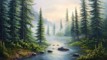 A tranquil forest stream flows through tall evergreen trees on a misty morning in a secluded woodland area.
