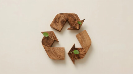 Handcrafted Wooden Recycle Symbol with Fresh Green Leaves