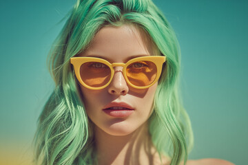 Portrait of a woman with green hair wearing yellow sunglasses against a soft blue background.