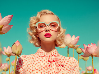 Fashion portrait of a woman in a pink dress and sunglasses standing among blooming lotus flowers.