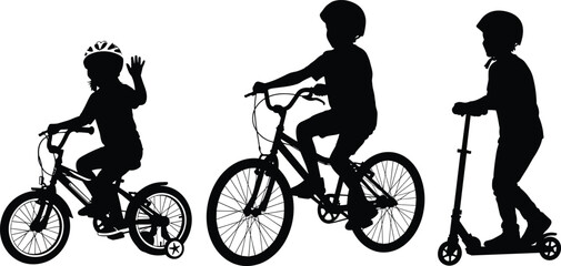 Obraz premium Children riding bicycles and scooter outdoors, kids wearing helmets for safety, childhood activity silhouettes, healthy lifestyle, fun learning, vector illustration design, family recreation
