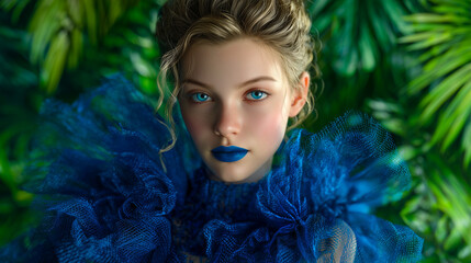Fantasy portrait of a woman with blue makeup and a dramatic ruffled collar surrounded by lush green leaves.
