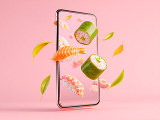 Smartphone with flying sushi rolls and leaves on a soft pink background.