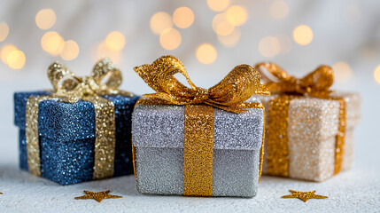 Silver gift boxes with golden ribbons arranged on a festive bokeh background.