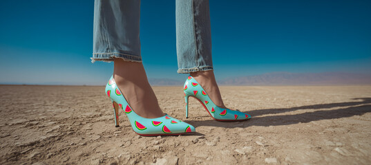 Woman wearing colorful high-heeled shoes standing on dry desert ground under a clear blue sky.