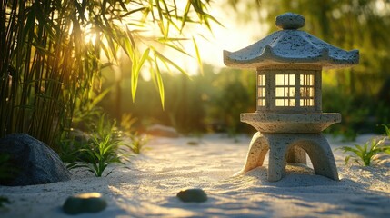 A tranquil Japanese lantern standing amidst a serene sand garden under warm sunlight in a lush bamboo setting