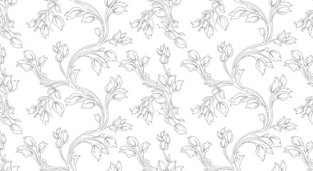 Delicate floral pattern featuring intricate vines and buds on a soft white background