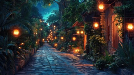 A tranquil nighttime walk down a cobblestone street illuminated by glowing lanterns surrounded by lush greenery