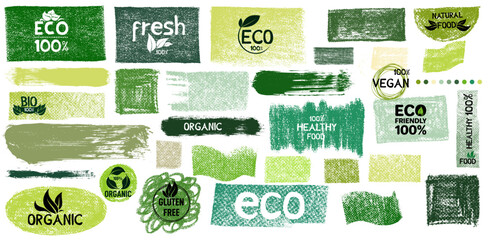 Obraz na płótnie Canvas Green brush stroke set with grungy organic textures. Vintage hand painted vector lines, circles, squares and rectangles. Scratches, scribbles for retro eco, bio, health food packaging, branding design