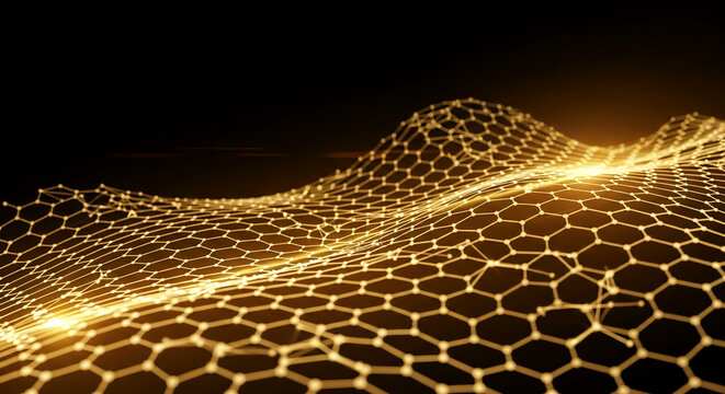 Abstract golden hexagon network on dark background, representing connection and technology, suitable for digital solutions and modern communication - Powered by Adobe