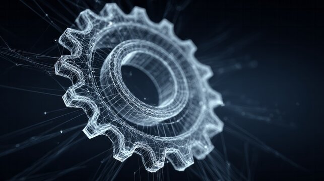 Abstract wireframe gear rotates with interconnected lines and dots.