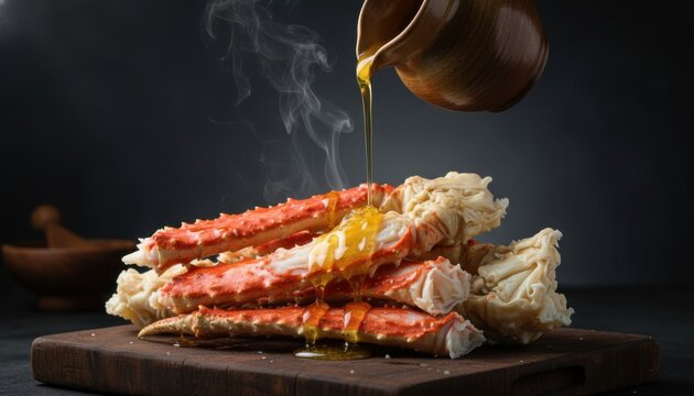 Cooked crab legs with melted butter pouring on wooden board