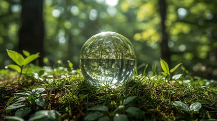 Crystal Globe in Green Forest with Soft Morning Light Sustainability Concept
