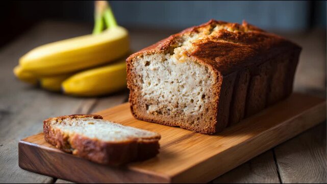 Woman's hands taking a slice of delicious homemade banana bread from a wooden cutting board