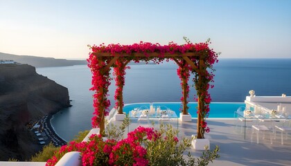 Santorini Sunset Dinner: Romantic Infinity Pool View with Bougainvillea