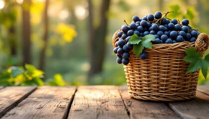 A woven basket filled with ripe dark grapes set on a wooden table in a natural outdoor environment, suitable for vineyard, organic produce, and healthy lifestyle themes.