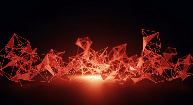 Red geometric network against dark background, formed by triangle and line, representing connection, structure, and modern abstract visualization - Powered by Adobe