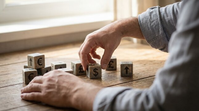 An adult investor's hand strategically arranging wooden blocks depicting dollar and euro currency symbols on a rustic table with bright, natural sunlight. - Powered by Adobe