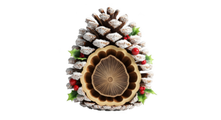 Snow dusted pinecone with holly berries and carved wood center isolated on a transparent background image