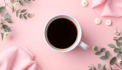 A minimalistic overhead view of a white coffee cup filled with black coffee placed on a soft pink background.