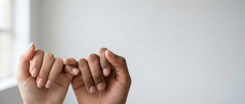 Diverse hands pinky promise, friendship and trust, intergenerational connection, hope and agreement