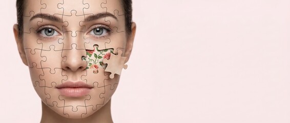 Womans face as puzzle with floral pattern revealed, beauty and skincare concept