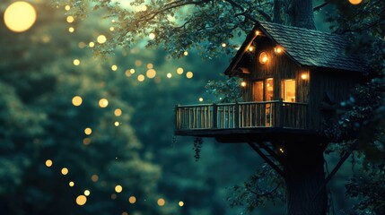 A tree house sitting on an idyllic deck, with lights on a tree deck. blurred treehouse in the woods at night. digital art